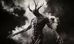 a man standing in the sky with horns and arms open