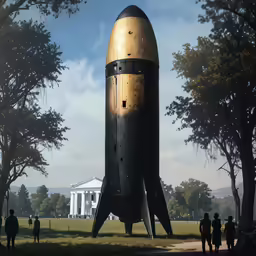 people walking around a large golden rocket