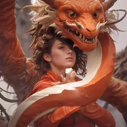 woman and dragon statue with one woman holding something