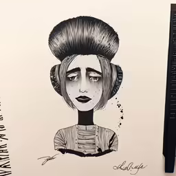 black and white drawing of a woman wearing an afro wig