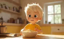 a young boy eating cereal with big eyes