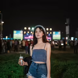 a young woman poses in a festival with a beer
