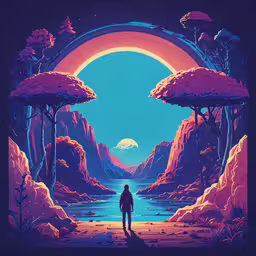 man standing at sunset surrounded by forest,a man standing in the middle of a forest under a moonlight