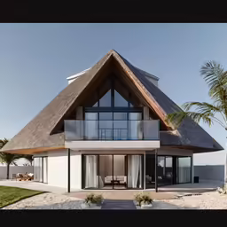 the front of a large house with a thatched roof
