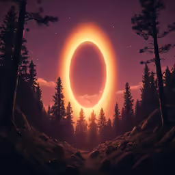 the eclipse is shining through the night sky over the trees