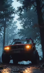 the front of an suv in a dense forest
