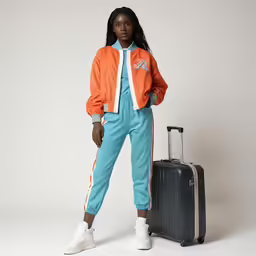 a woman stands with a suitcase and looks off into the distance