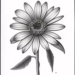 a white drawing of a flower with large petals,a single large daisy flower is drawn in black and white