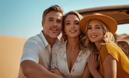 a young couple smiling and holding each other in the desert