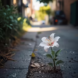 a white flower sitting in the middle of a street