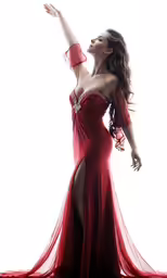 woman in red dress standing with her hand up