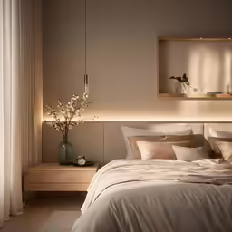 a bedroom decorated in neutrals and colors