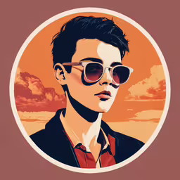 an orange sunset over a man with sunglasses,a man in sunglasses and a tie looking towards the distance