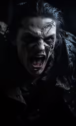a man with a blood face and an evil look on his face