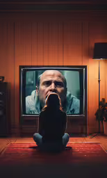 man watching tv on the floor with red light coming through,a man is watching tv in front of him