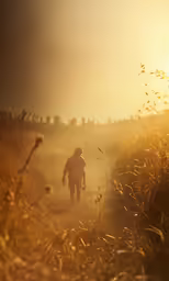 a person running down a trail with tall grass