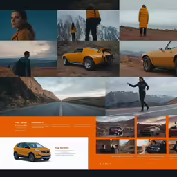 a man standing in the middle of an orange car