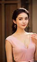 beautiful woman in pink dress holding her hand on the shoulder