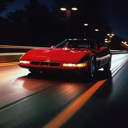 a sports car drives along a highway at night,a red sports car speeding down the highway at night