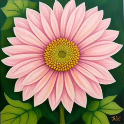this large flower is really pretty with a green background,painting of pink daisy with green leaves in the background