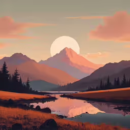the mountain range has a lake, trees, and grass,sunset in the mountains and with a reflection of a mountain