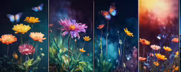 six shots with flowers and butterflies in the middle,four photos with flowers and butterflies on them