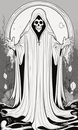 a skeleton on the ground with a grim hood and a robe,a skull wearing a grime griment costume in front of a creepy cemetery