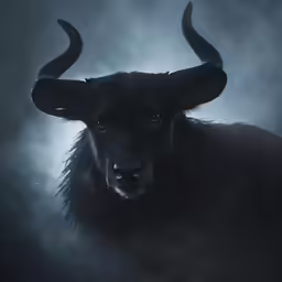 a horned black animal with long horns on its face