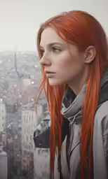 the head of a woman with long red hair