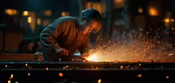 a man is welding something on an angle in a steel shop