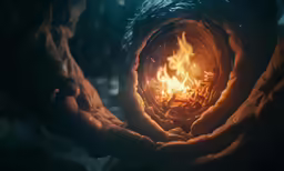 the hand is holding a fire in it
