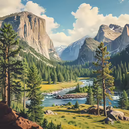the painting is a view of mountains and a river