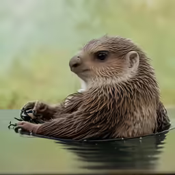 a baby sea otter sits in the water
