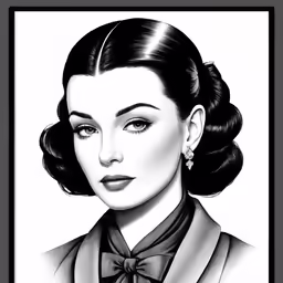 a black and white drawing of a woman in a top hat with a bow on her hair