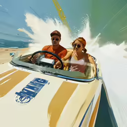 a man and woman riding in a car on a beach