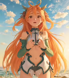 a girl with orange hair and long sleeves holding up a video camera on a beach
