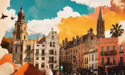 some buildings with many windows and one person on the ground