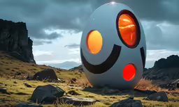 an artistic art object that appears to be a white egg with red eyes