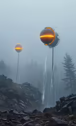three large glowing objects on top of a rocky hill