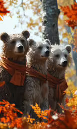 three furry brown bears are dressed in costume
