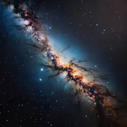 a large galaxy is lit up in the dark