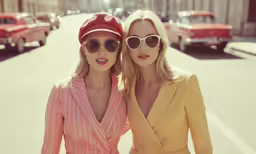 two girls pose next to one another while wearing shades