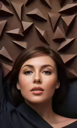a woman is posed next to a wall with origami sheets