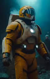 a man in a yellow suit with lights on his head