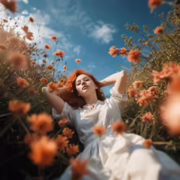 a woman is sitting in a field with orange flowers