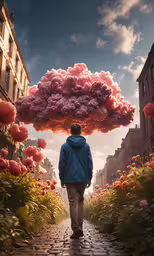 there is a man walking down the street with clouds floating above,man with blue jacket and pink cloud hat walking on road
