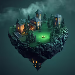 an island with a house and some trees in the middle of it