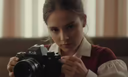 a woman is holding a camera next to her face