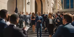 a group of people that are standing on a stair case