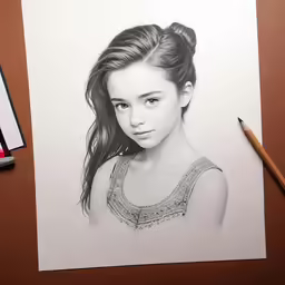 a drawing of a girl with her hair pulled back and holding a pencil